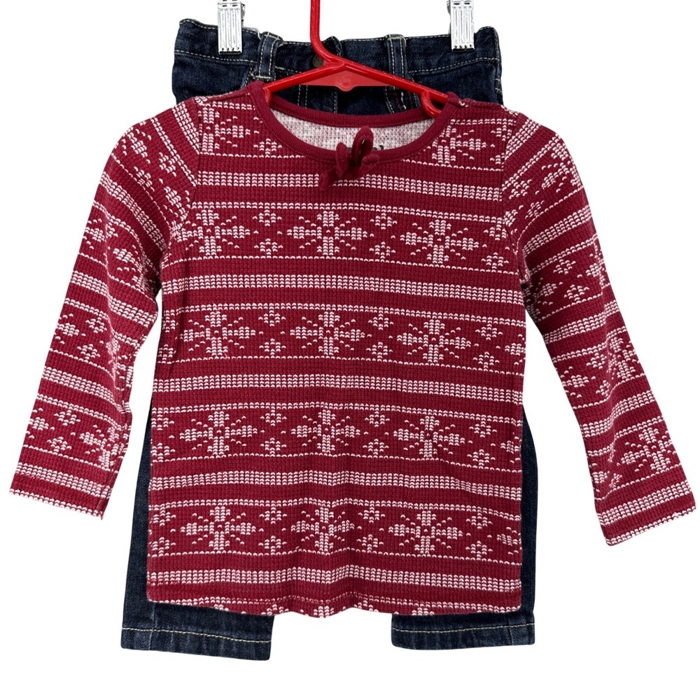 Y2K Crazy 8 Snowflake Thermal Top + Jeans Outfit Set Red Blue 18-24 Months Cozy